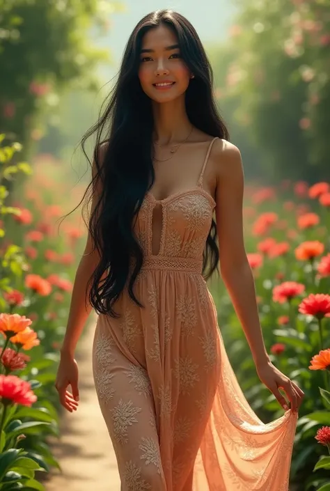 Mexican Girl ,light skin ,long black hair ,  high resolution,  masterpiece,  long hair, 20 years, happy, multiple views,walk in a garden with long dress  ,hiperrealistic .