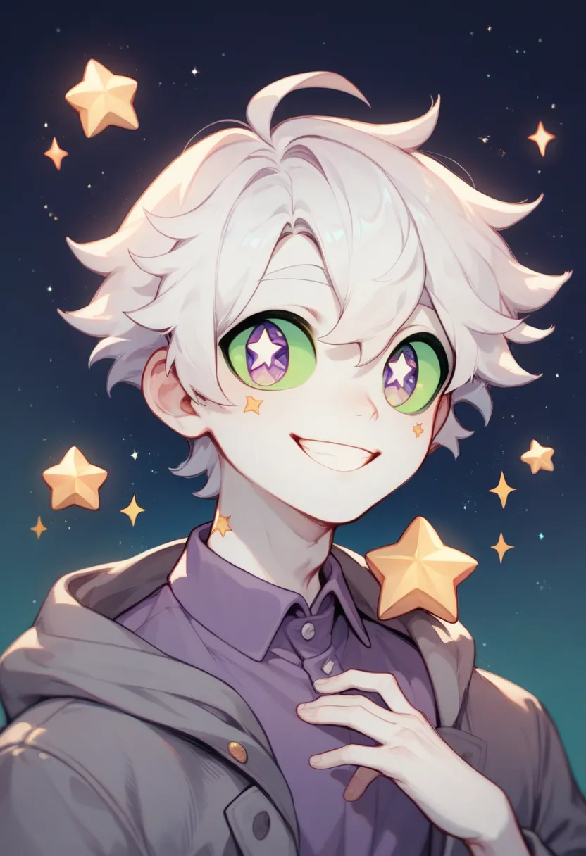 Male, thin, white skin, shoulder-length white hair, green sclera, purple left eye, under the left eye there are two small star-shaped spots, cute, sparkling stars, galaxy, happy, marks Smiling, gray coat, purple shirt