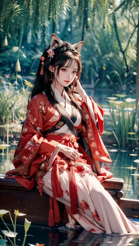 absurdres,  high resolution,  Super detailed , ( 1 girl:1.3), Hand drawn, Simple line ,  16-year-old girl wearing colorful Chinese Hanfu,  sexy fox-eared girl ,  beside the lotus pond , masterpiece,  sitting in water ,  floating clothes ,   Floating Hair  