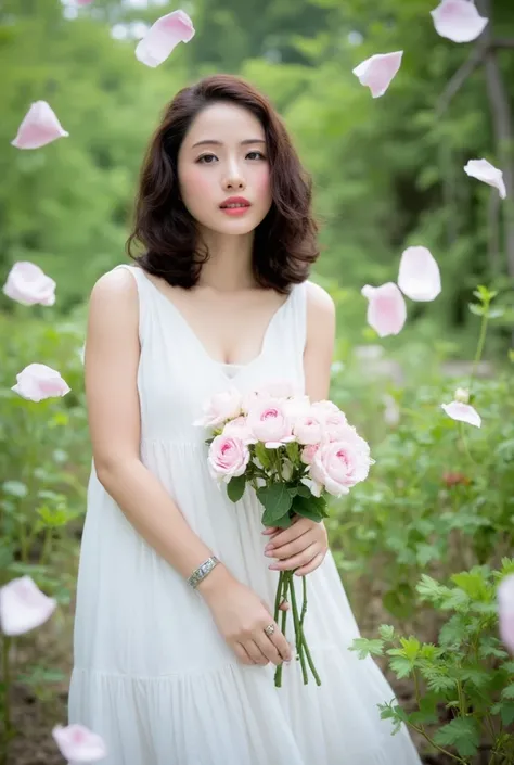 woman in white dress, bouquet of pale pink roses, in the forest, natural light,  gentle expression , petals are dancing