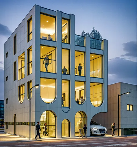 this image shows a contemporary building with a unique, angular design. the structure features a series of tall, white, folded v...