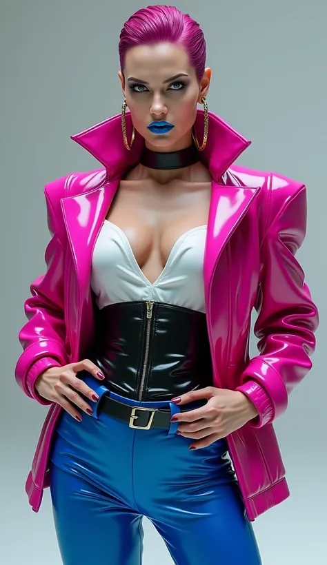 Angelina jolie, mains sur les hanches, latex brillant, , dominatrice, chemisier en latex blanc latex, serre taille latex noir, costume pantalon en latex bleu, ceinture latex noir, futuriste veste courte en latex rose fluo, larges épaulettes en latex rose f...