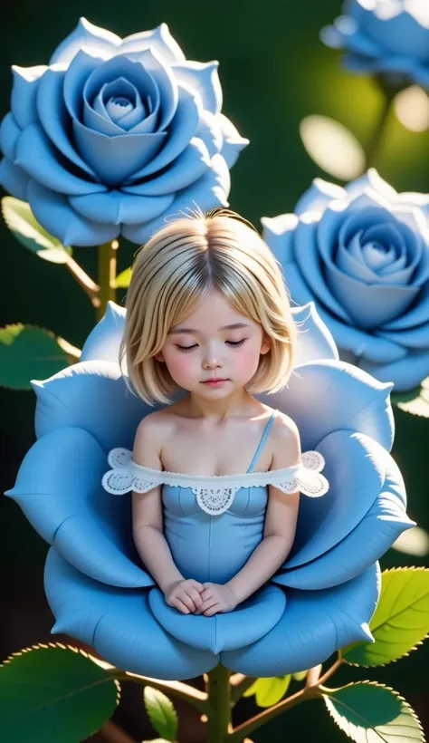 highly detailed indigo roses、 a fairy is sleeping inside a rose flower、(((little fairy、cute sleeping face、the fairy who sleeps i...