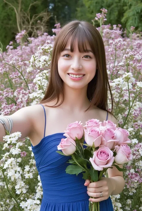 long hair,  wearing a blue dress , young woman,  holding a bouquet of pink and white roses, surrounded by flowers, gorgeous, a d...