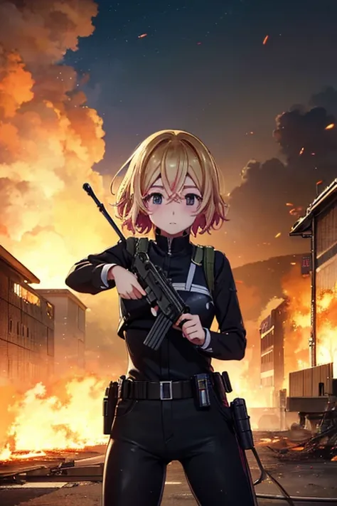 best quality、 high definition、mami nanami、 1 girl、 holding a machine gun 、shooting a gun、gunfight、mid-chest、full body black body...