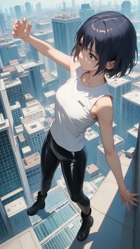 long shot,full body,dynamic angles,woman with navy short hair wearing sleeveless t-shirt and latex pants,high angle,city back gr...