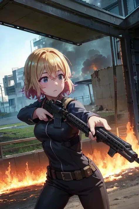 best quality、 high definition、mami nanami、 1 girl、 holding a machine gun 、shooting a gun、gunfight、mid-chest、full body black body...