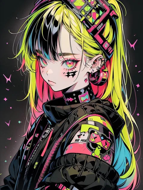 (((the best composition、best quality、 masterpiece、super detailed、 high definition)))、punk rock emo girl,   long neon yellow hair...