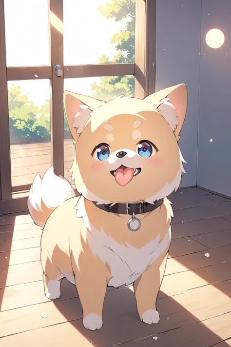 An illustrated touch、Small dogs、Pomeranian、Fluffy、 brown and white mixed 、The tail is short、Round eyes、The nose is short、 sticking out his tongue and looking at us happily、Smiling face、 window side where the evening sun shines in 、 scene looking at us from...