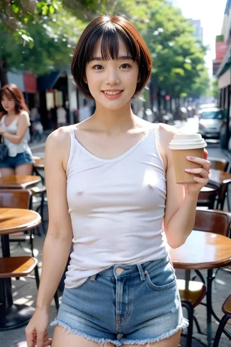 Show me a woman who will surprise everyone.  full body shot using wide lens, In New Orleans bourbon street, talking in cafe while drinking coffee at open air street side table、Antique cafe with a retro atmosphere, Tight fitting tank top with wide open neck...