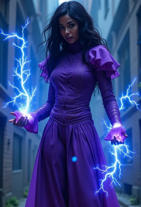 a powerful black africain witch in a violet costume unleashes blue lightning in every direction. her glowing, shimmering blue ey...