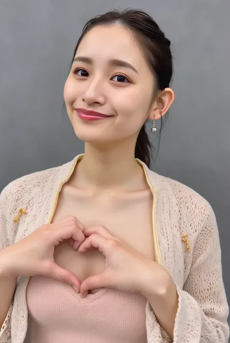 She is in a pose wearing a sexy camisole, making a firm big heart shape with both hands, and holding it in front of her chest, Cute smile up、Monotone background

