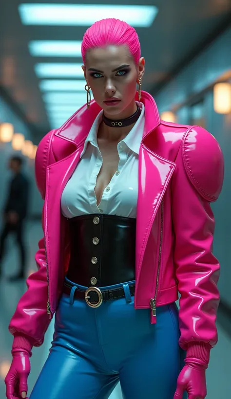 femme, latex brillant, dominatrice, chemisier en latex blanc, serre taille latex noir, costume pantalon en latex bleu, futuriste veste courte en latex rose fluo, larges épaulettes en latex rose fluo, cuissardes en vinyle rose fluo, cheveu raide arriere ros...