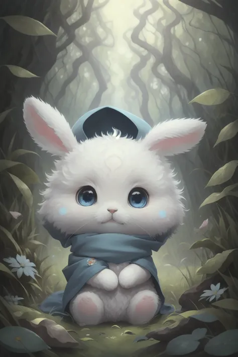 best quality,masterpiece,fluffy,bunny. blue scarf, big eyes,lawn,forest,paw pose,chibi,