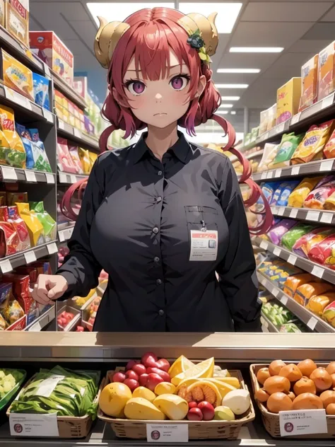 (​masterpiece、top-quality、hight resolution、Unity 8k、extremely details CG:1,Best Picture), ilulu, "A woman with a slightly disinterested look, quickly scanning items at a cash register in a grocery store. She’s dressed in a store uniform and moves her hands...