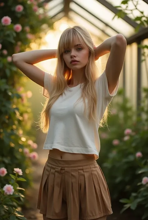 a Russian girl nude, full body photo, solo, super model, pale skin, light blonde hair, long hair, fringe, face prefect, makeup, narrow waist, navel, thighs, t-shirt, pleated skirt, mini skirt, lift shirt, (looking at the viewer), a charming greenhouse, cov...