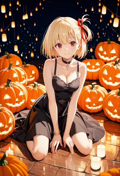 chisato nishikigi, short hair, bangs, blonde hair, red eyes, hair ribbon, one side up, bob cut,a young asian woman sitting on fl...