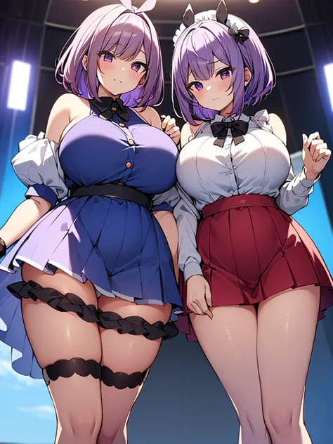 最 high quality,  high quality, Super detailed, 32K,   highly detailed  , Sister and maid , ( standing , cute女の子,  Beautiful Purple Hair ,  short hair, Beautiful red eyes, Mature, Big Breasts, A light smile,   Off Shoulder Sleeveless Summer 【Clothes】, 夏のカジュ...