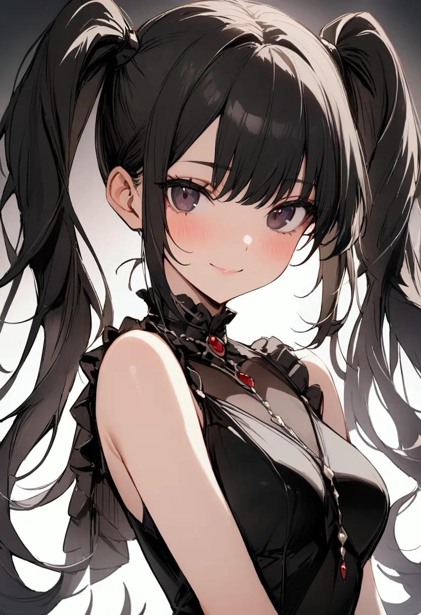 one girl, high twin tails, high pigtails, hair bangs, medium length hair, black hair, dark eyes, pretty face, slim figure, short...