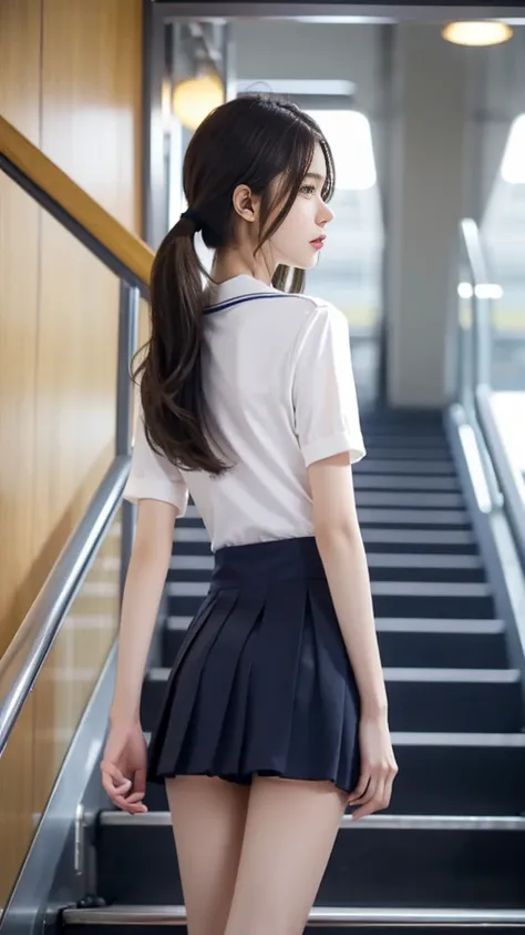 score_9, score_8_up, score_7_up, score_6_up, score_5_up, score_4_up,Best Quality、Highest quality、 high definition、8ｋ， Japanese high school girl 、 navy blue mini skirt that holds the hem、uniform、 riding an escalator 、Back view、 angle from below、Very slim le...