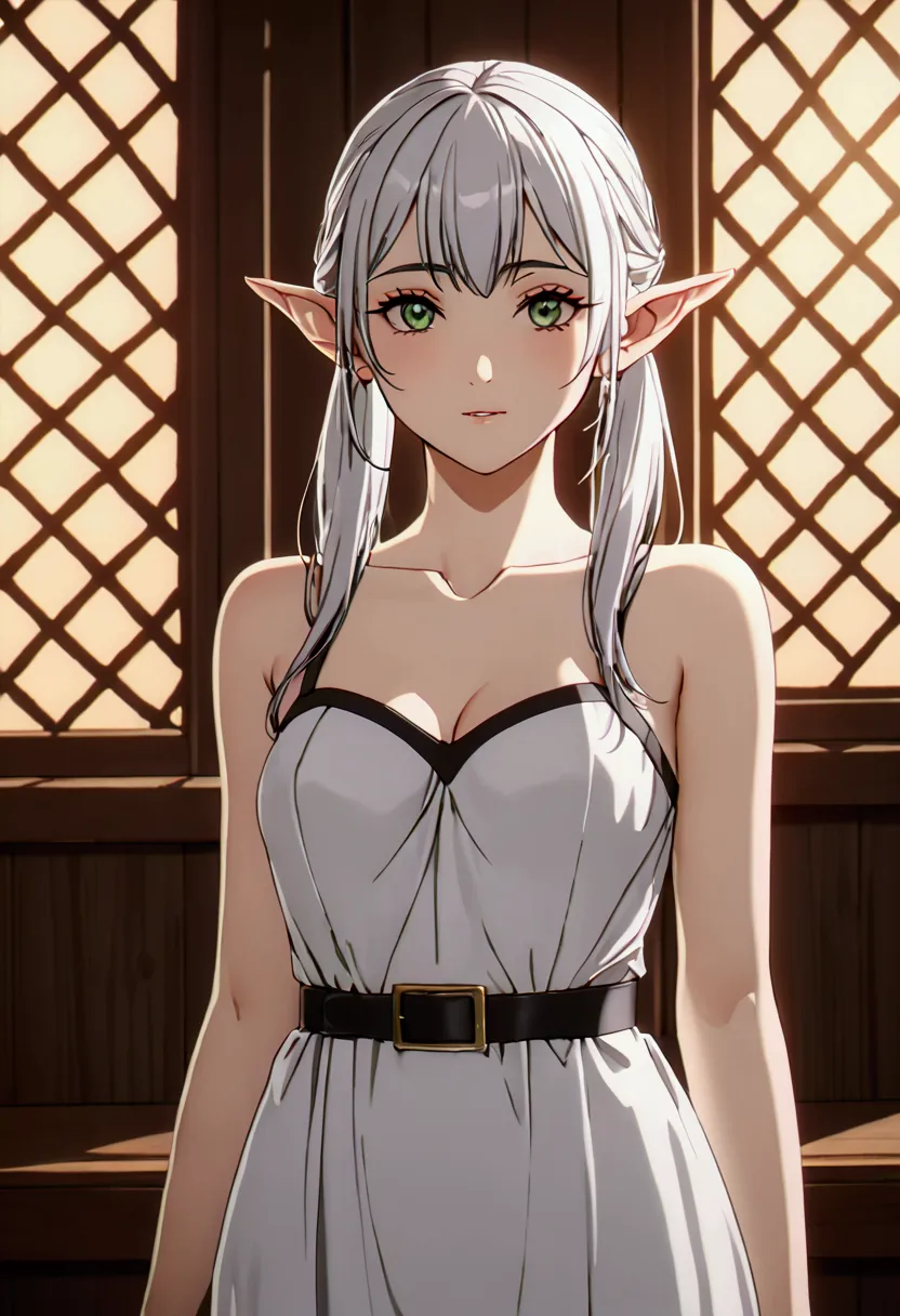 èèè®,1girl,solo,elf,white hair,grey hair,earrisleeveless dress,white dress,sleeveless dress,bare shoulders,collarbone,ngs,p...