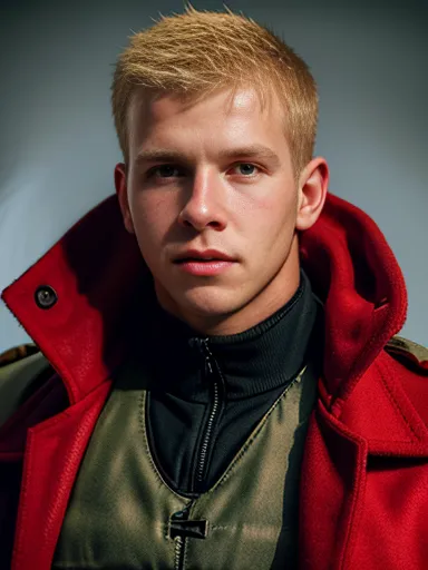 1 man, portrait of an 18-year-old blonde guy in a bulletproof vest and red overcoat, extremely detailed, highest detailed, maste...