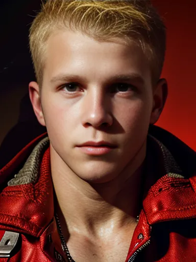 1 man, portrait of an 18-year-old blonde guy in a bulletproof vest and red overcoat, extremely detailed, highest detailed, maste...