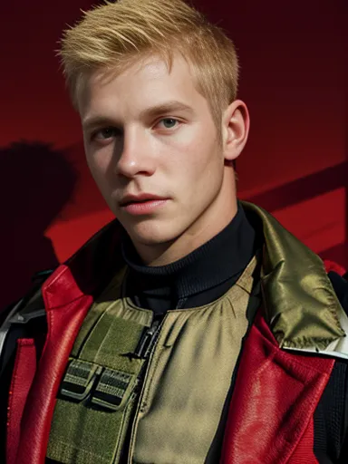 1 man, portrait of an 18-year-old blonde guy in a bulletproof vest and red overcoat, extremely detailed, highest detailed, maste...