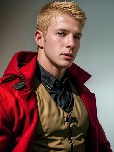 1 man, portrait of an 18-year-old blonde guy in a bulletproof vest and red overcoat, extremely detailed, highest detailed, maste...