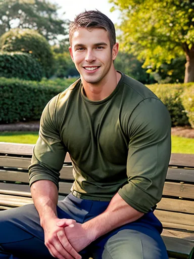 fit male,1 male, 31 year old, black hair, blue eyes, short hair, cropped hair, wavy hair, fitted shirt, dark olive green shirt, ...