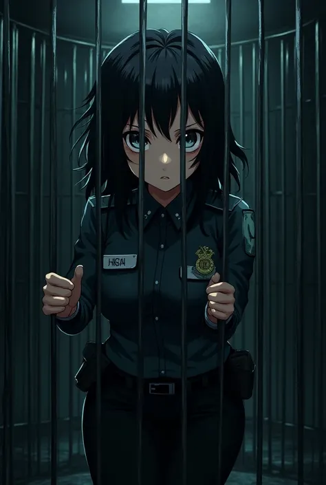 Anime police girl tied up in a cage
