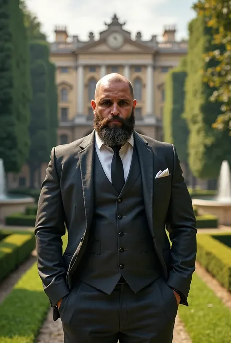  bald man, Bearded Strong Muscle Realistic Masterpiece, great clarity, in elegant suit in realistic palace gardens