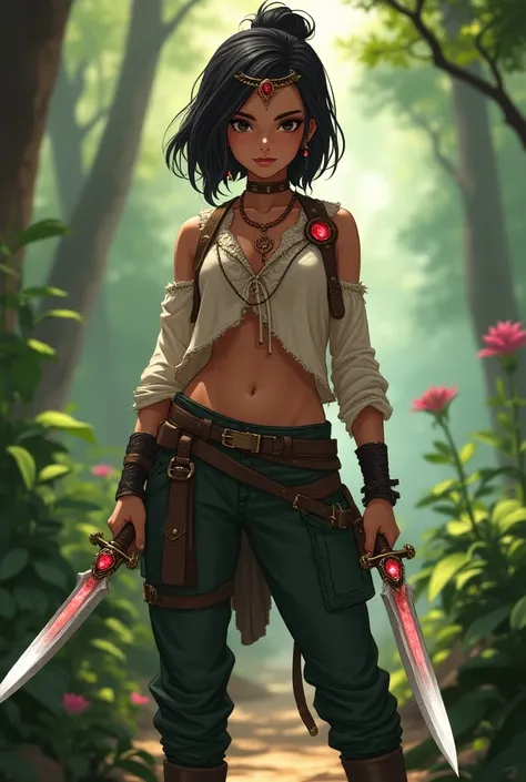 20 year old woman, high fantasy bandit, rawhide shirt and pants, tan skin, dark hair, dark eyes, arabic influence, ruby circlet, jeweled scimitars, forest background, realistic anime