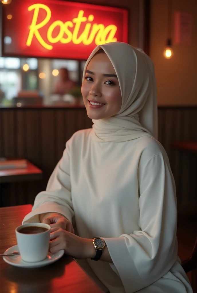 a beautiful 25 year old women from Indonesia, hijab , wearing a white dress gamis, wearing white shoes, wearing a watch, sitting in a cafe, there is black coffee on the table, and there is a neon sign that says "Rostina" on the wall , smile expressions, re...