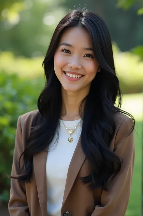 original photo of a beautiful Indonesian woman smiling with long, straight black hair wearing modern clothes and below it is the embossed writing "NATASYA". The beautiful garden is clearly visible, the background is beautifully blurred and very realistic, ...