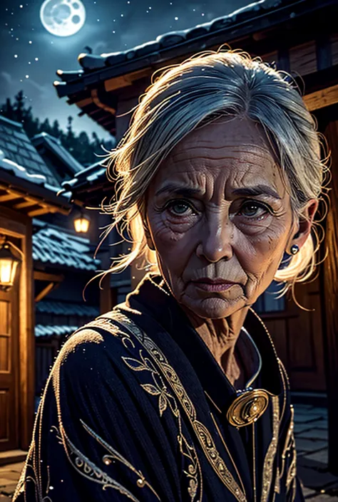 the image of an 80-year-old woman , in a village under the moonlight , praying.  sad and thoughtful look .   the moonlight refle...