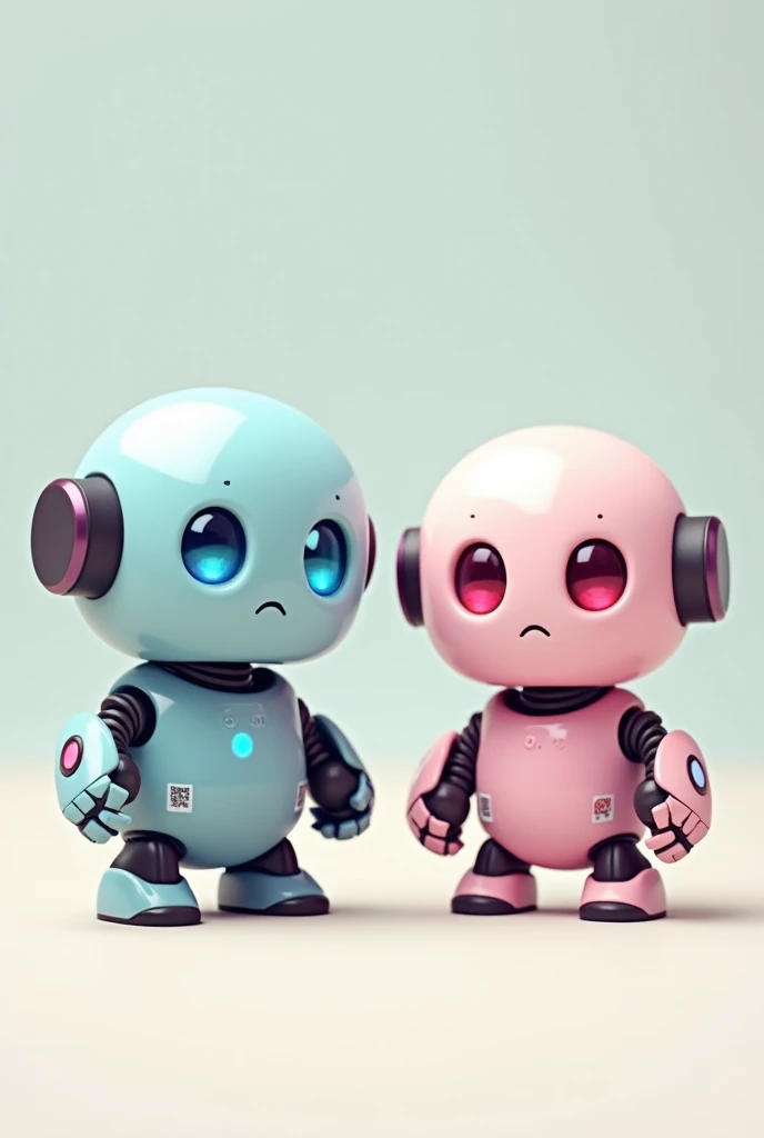 A cute round chibi robot with shiny blue eyes and A cute round chibi robot with shiny pink eyes