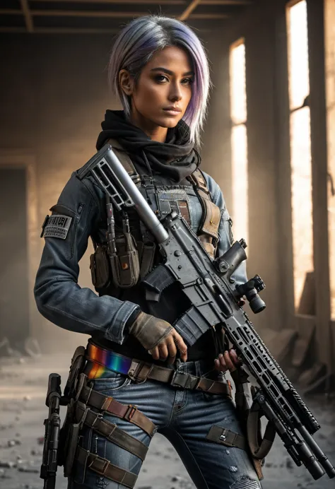 full body from head to toe, a post apocalyptic girl in a titanium suit and jeans with black side stripes, silver gray hair color...