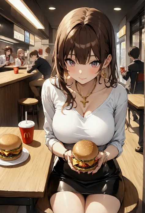 Mio Akiyama 、beautiful girl、university student、 one woman、Beautiful woman、Brown Hair、 big chest、 Off Shoulder Shirt、 tight miniskirt、Highest quality、 high definition、 McDonalds、masterpiece、 Super High Quality 、 drink a McShake 、 crosses legs、Round table、A ...