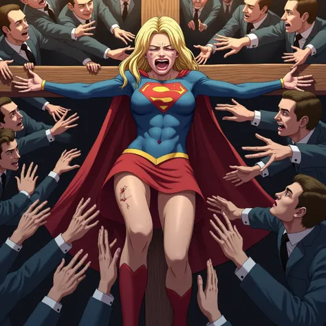  Supergirl is surrounded by hordes of men and is mass lynched。She is crucified。Painful 。Her expression was in pain 。She gets hit with multiple hands 。 shes been lynched by a group 。Shes been slaughtered 。Shes full of scars。Supergirls hands and feet are tie...