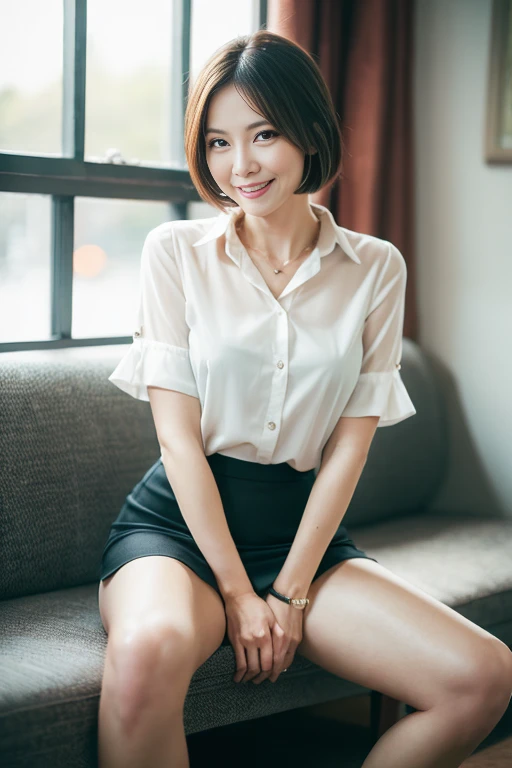 beautiful woman, 45 years old, naughty face, seductive grin smug, sweat, depth of field, obscene gaze, open arms for viewer, dynamic pose, masterpiece, best quality, ultra detailed, casual blouse, tight skirt, adultery, beautiful thighs, sitting