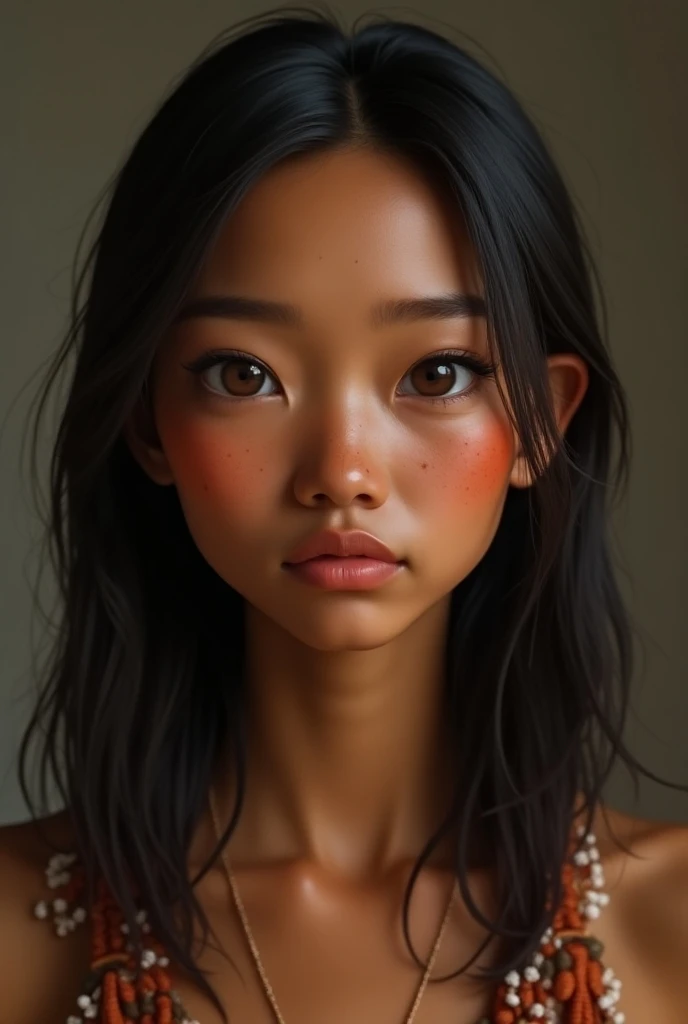 an image of me, i have brown skin, light brown eyes and small, semi-droopy eyelashes 
droopy eyelids round face wide nose wide and light brown lips semi-straight and half-raised eyebrows shoulder-length hair with realistic indigenous features