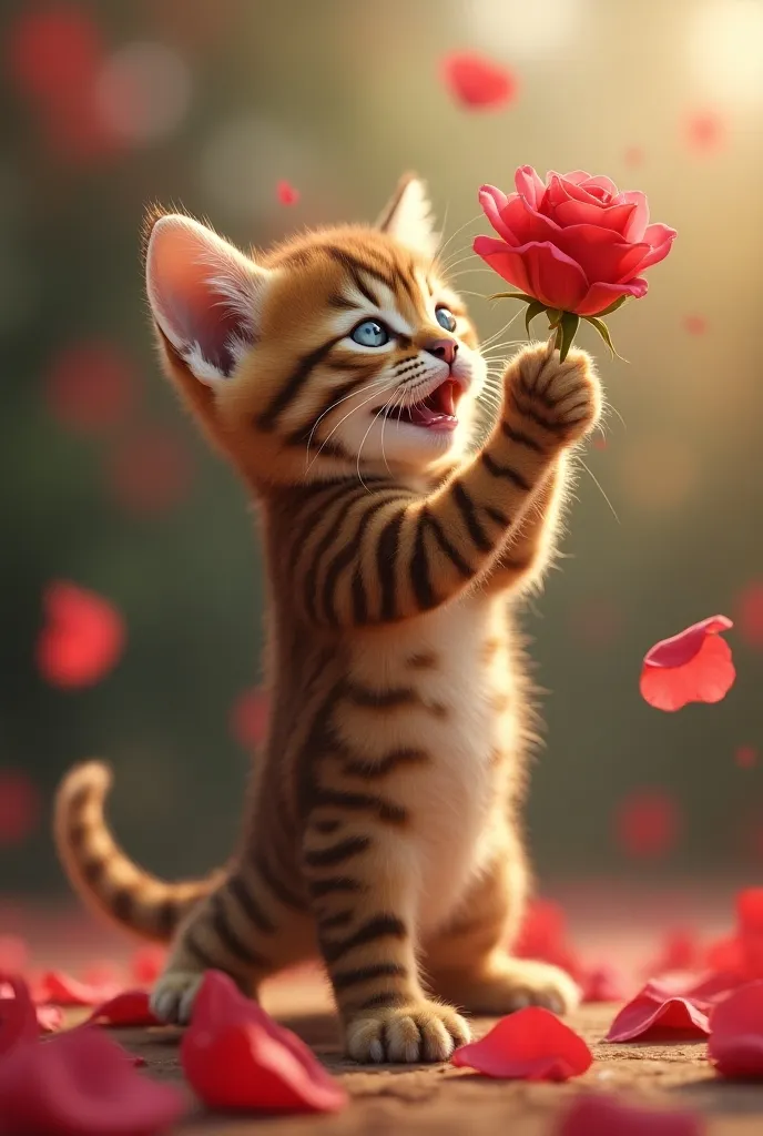  The cutest brown tiger pattern kitten in the world holding a rose and dancing tango、Realistic、Rose petals fluttering through the screen 、 dynamic composition 