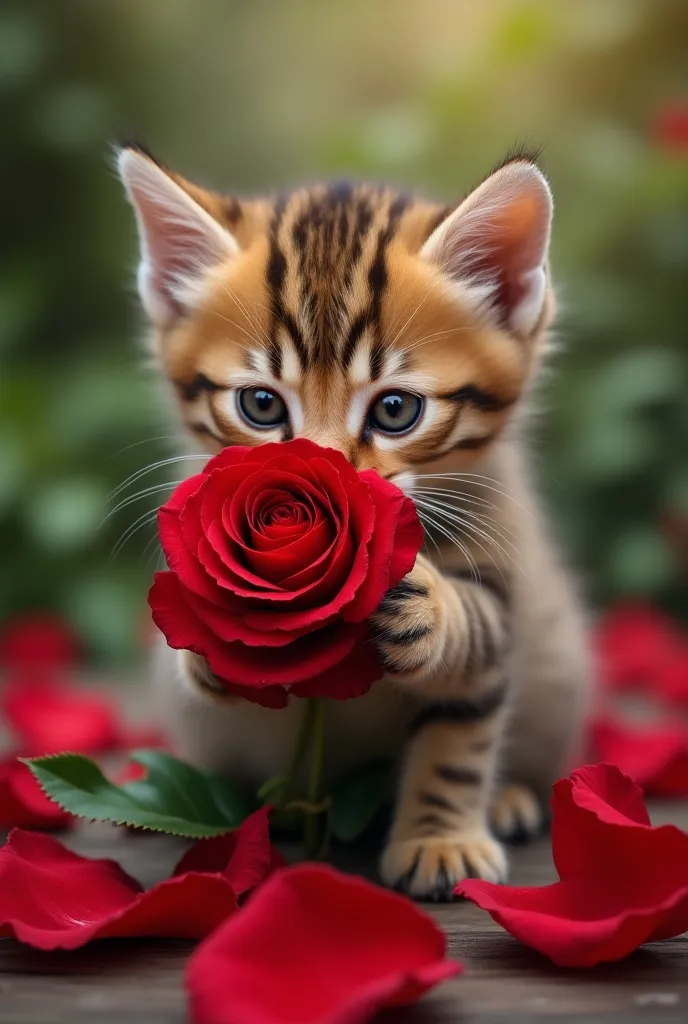 The cutest brown tiger pattern kitten in the world poses with a large rose in its mouth、Realistic、Rose petals fluttering through the screen 、 dynamic composition 