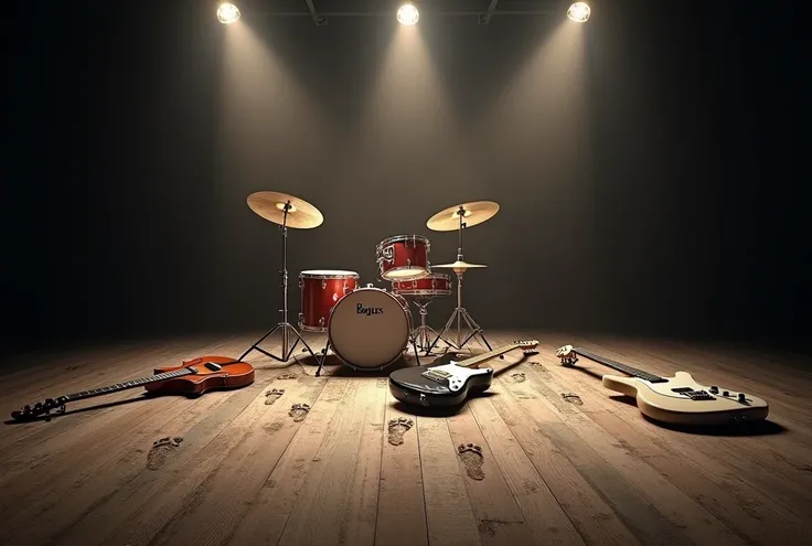 An abandoned and dusty music stage exactly from the 1969s, with the typical backdrop from that time. It is a wooden stage and on its protest the famous musical instruments of the Beatles can be seen totally abandoned: The legendary drum kit of Ringo Starr,...