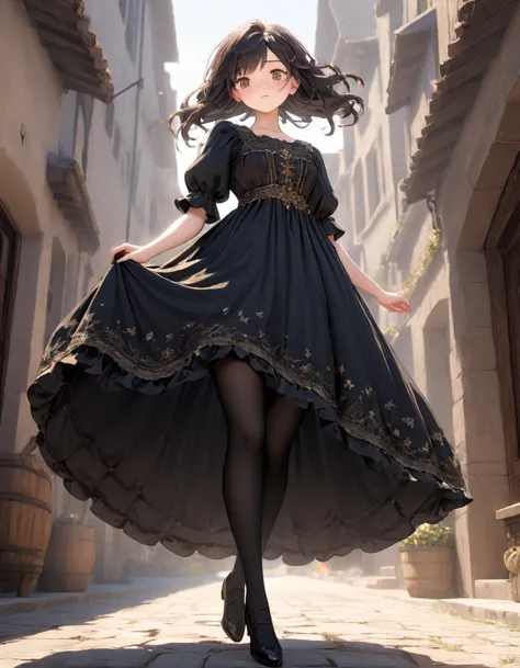 (Highly detailed CG Octane render 8k wallpaper),  Girls Underwear ,   You can see real bloomers made of cotton fabric.., Medieval black translucent long dress（With panniers）, Fabric Realism,  low angle,   pull up the dress with your hands , Strong winds,  ...