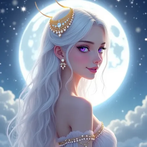 goddess,  skin as white as the moon ,  long silver hair, Bright violet eyes,  red lips.
 delicate and gentle face ,  semblance of sweetness . Golden thread crown ,  with small diamonds . a necklace with a star ,  lighting white aura around youHalo, From be...