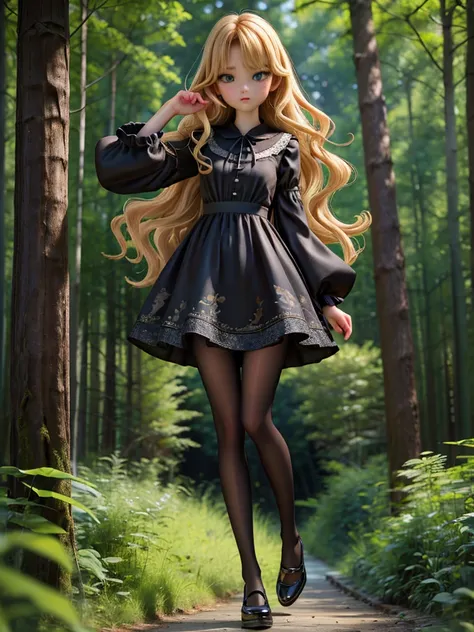 whole body、dress、 pantyhose、black footwear、blonde、loose blade、beautiful face、green eyes、forest background、(masterpiece:1.2)、best...