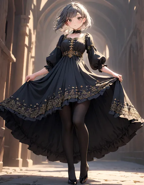 (Highly detailed CG Octane render 8k wallpaper),  Girls Underwear ,   You can see real bloomers made of cotton fabric.., Medieval black translucent long dress（With panniers）, Fabric Realism,  low angle,   pull up the dress with your hands , Strong winds,  ...