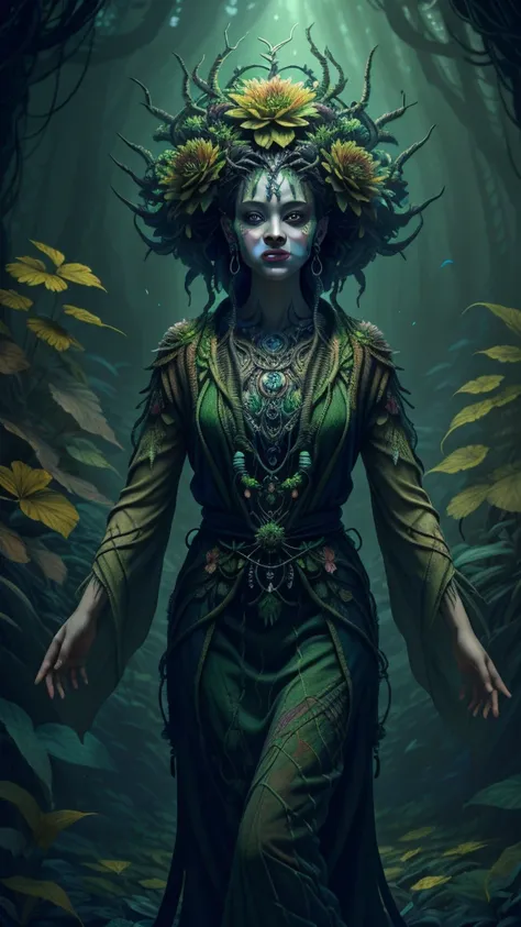 A horror art piece with a 32K ultra high resolution,ultra high definition. A girl with earth tones intricate flower woven robes is smiling. She is in a deep and rich black shadow. The background is a fantastical forest with a variety of plants and creature...